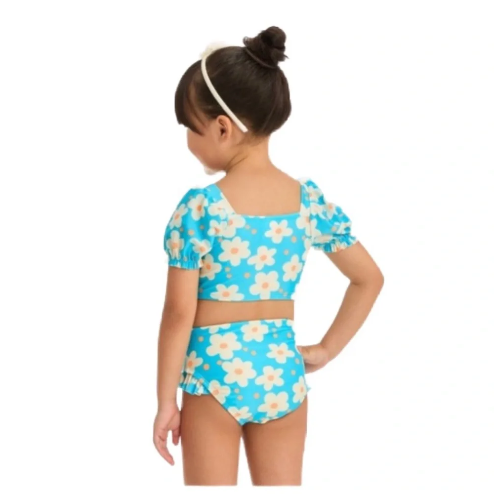 Cat & Jack Girls' Puff Sleeve Crop Top Bikini Set Blue Floral Size 4